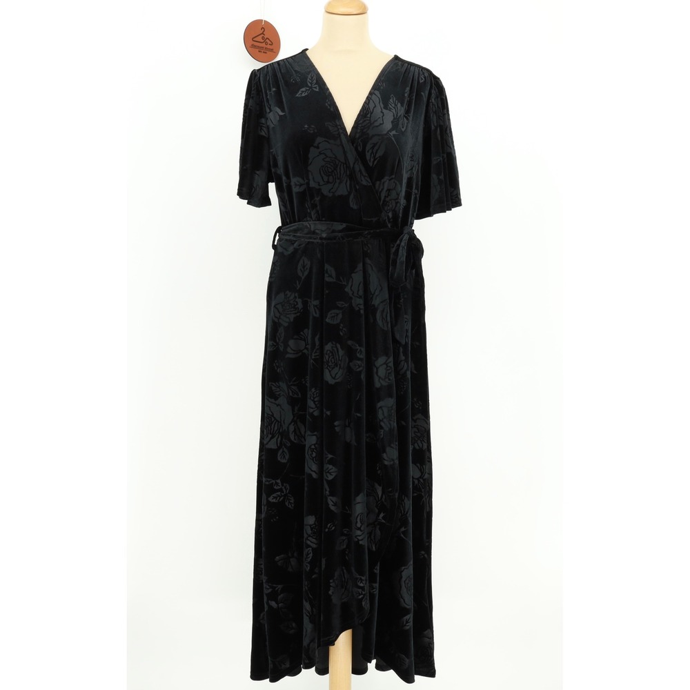 Simplee Black Velvet Burnout Floral Rose Wrap Midi Dress Flutter Sleeve Large